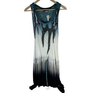 Desigual White/Blue/Black Drawstring Waist Sequin Detailed Bodice Dress Sz S